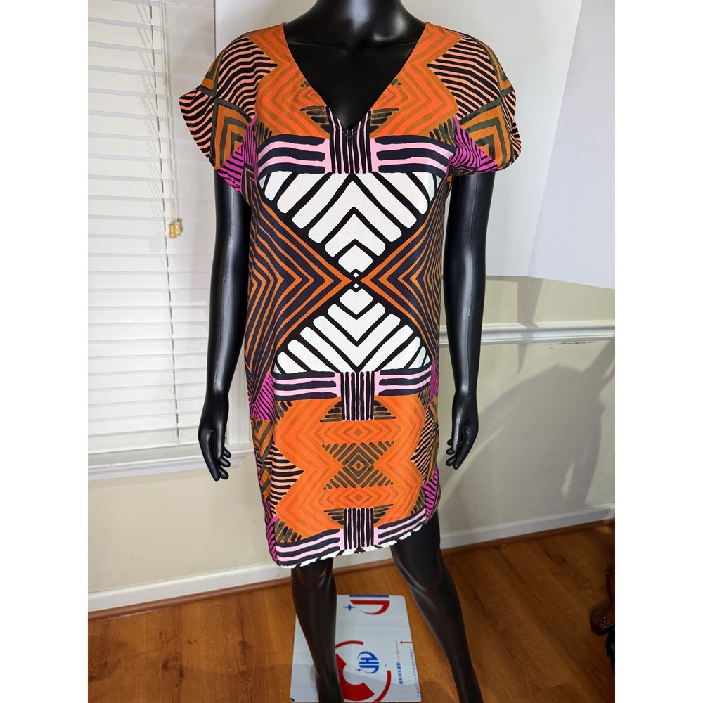 Marie Oliver Silk Geometric Tribal Print V-Neck Shift Mini Dress Orange Pink M